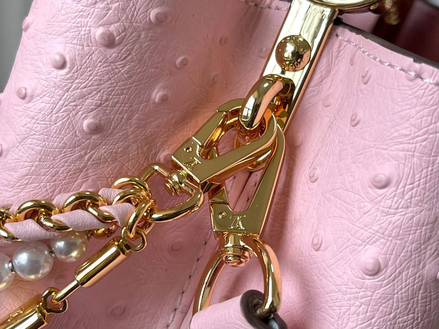 Pink Taurillon Leather Handbag with Ostrich & Pearl Accents