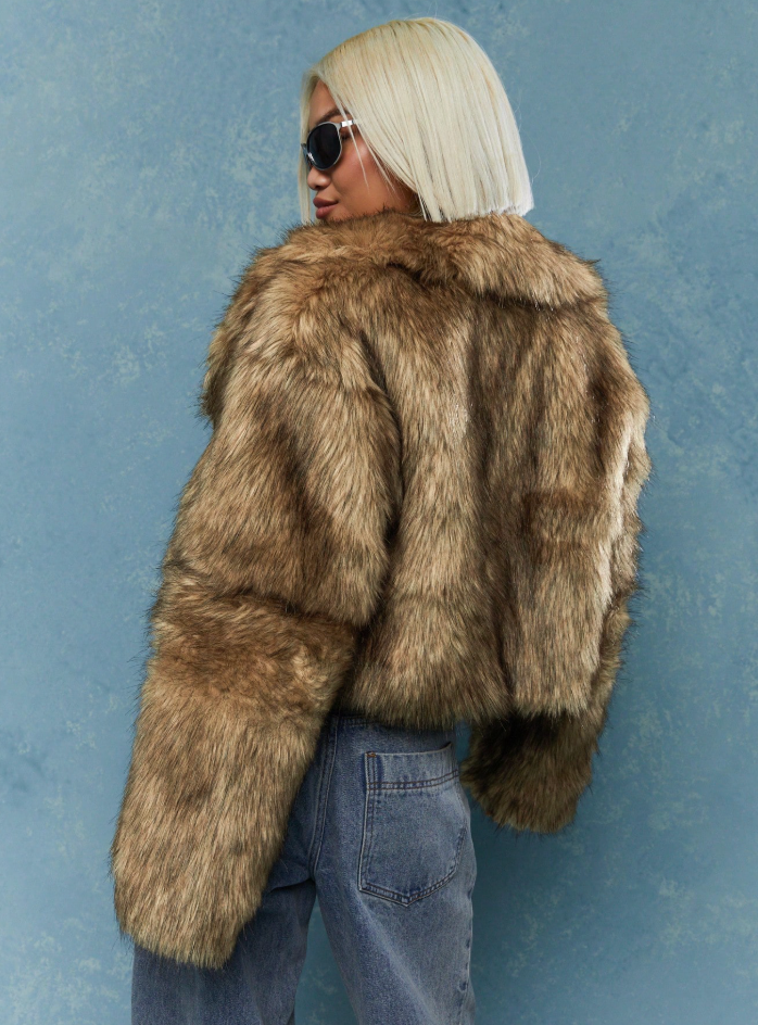 Premium Cropped Faux Fur Jacket with Horizontal Tiered Design
