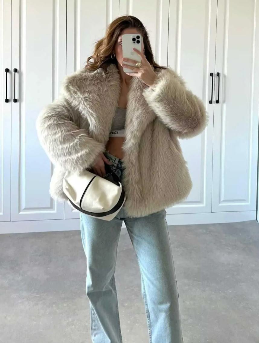 Premium Shaggy Faux Fur Jacket with Sculptural Oversized Collar