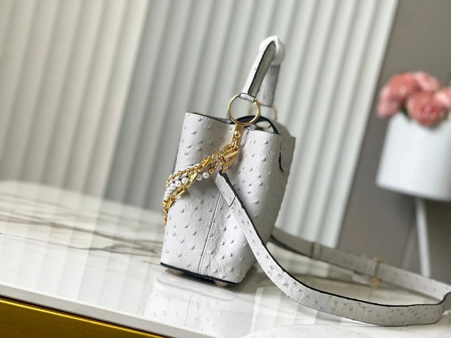 Grey Taurillon Leather Handbag with Ostrich & Pearl Accents