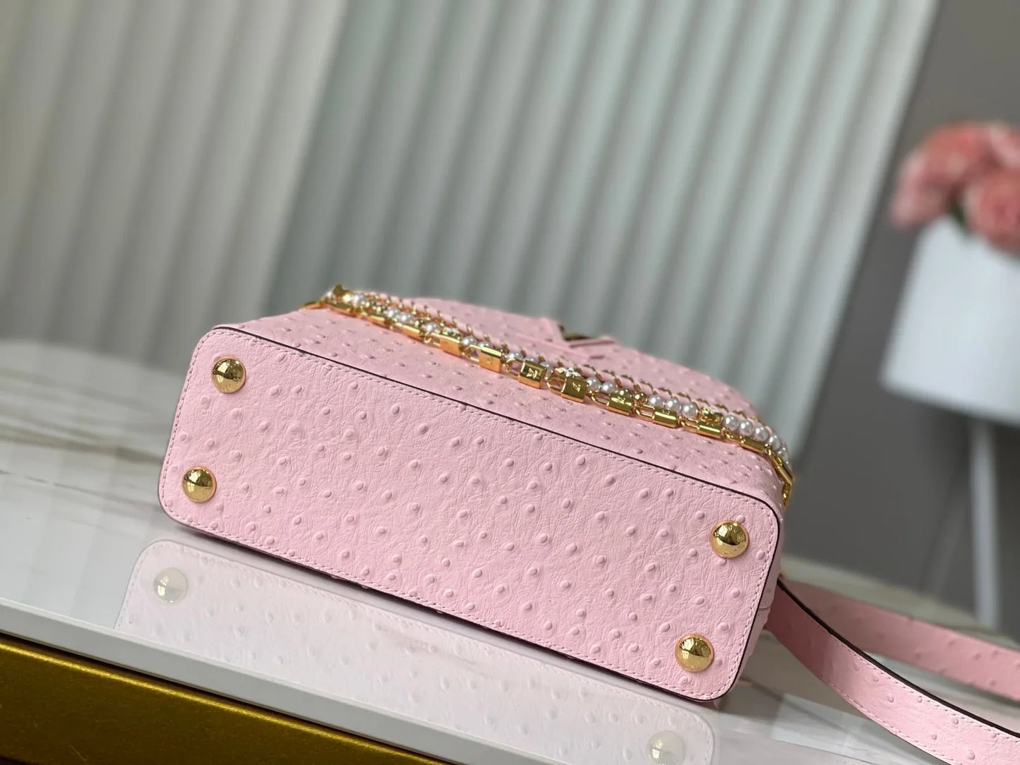 Pink Taurillon Leather Handbag with Ostrich & Pearl Accents