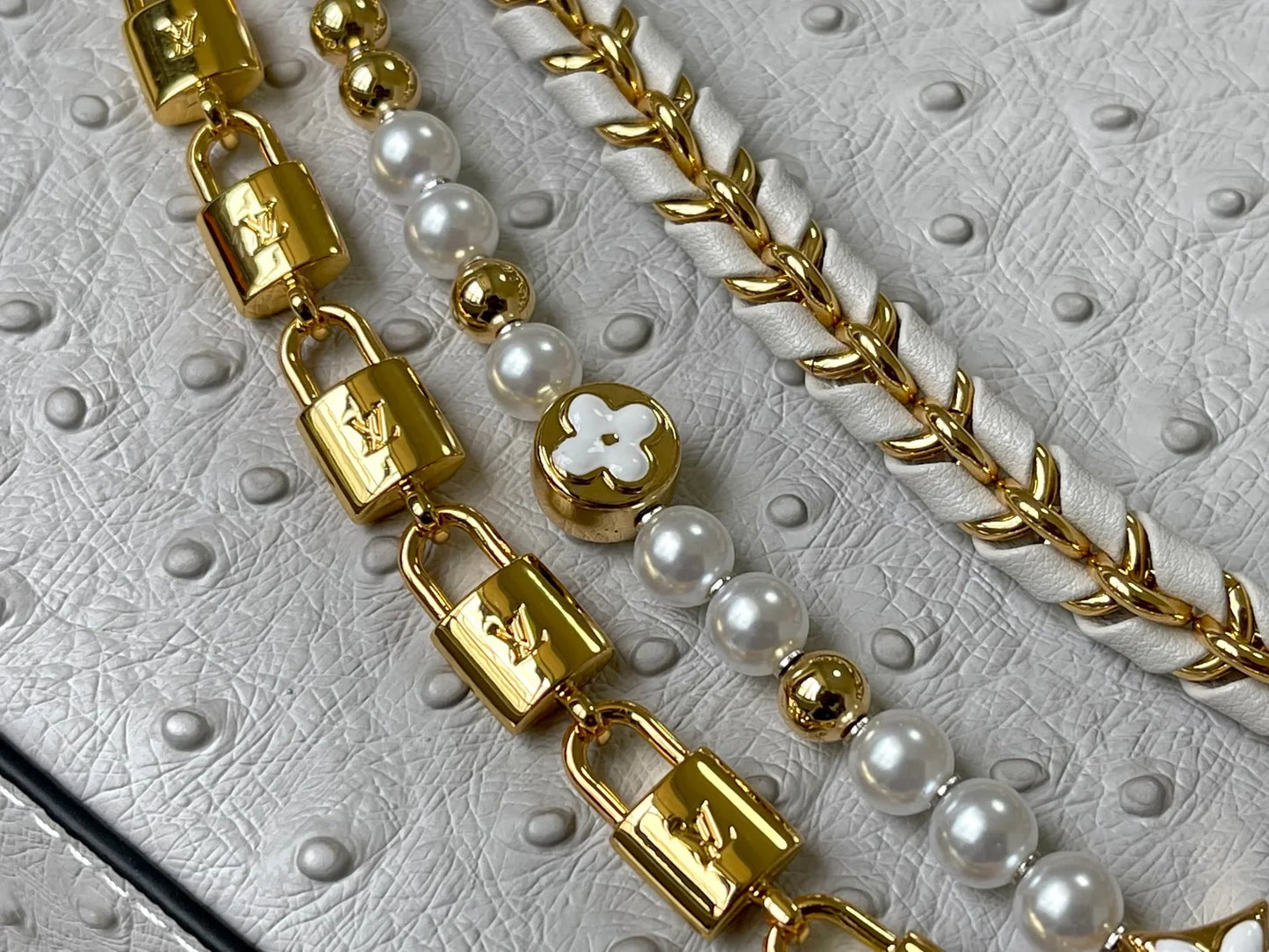 Grey Taurillon Leather Handbag with Ostrich & Pearl Accents