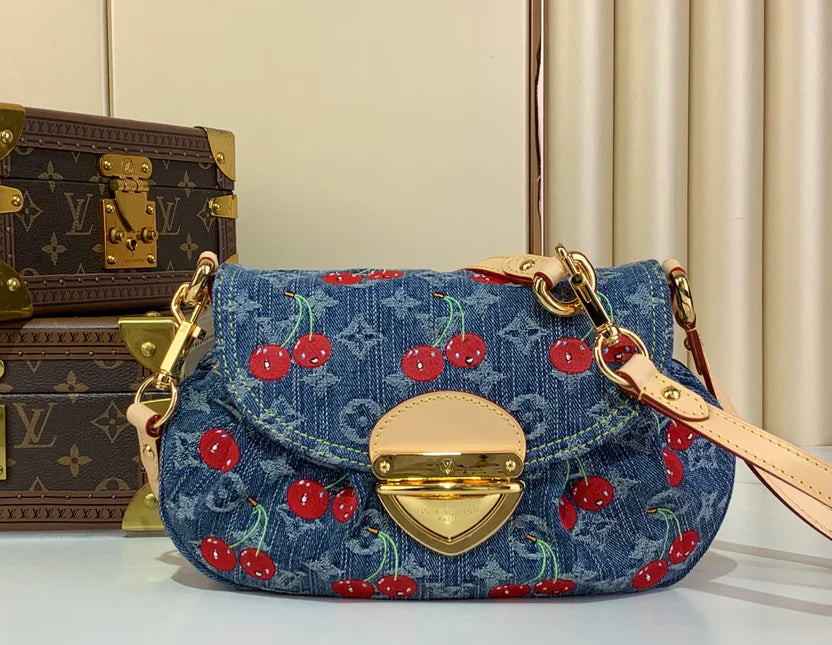 Embroidered Denim Shoulder Bag with Cherry Motifs