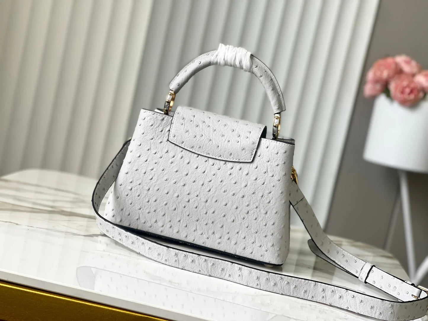 Grey Taurillon Leather Handbag with Ostrich & Pearl Accents