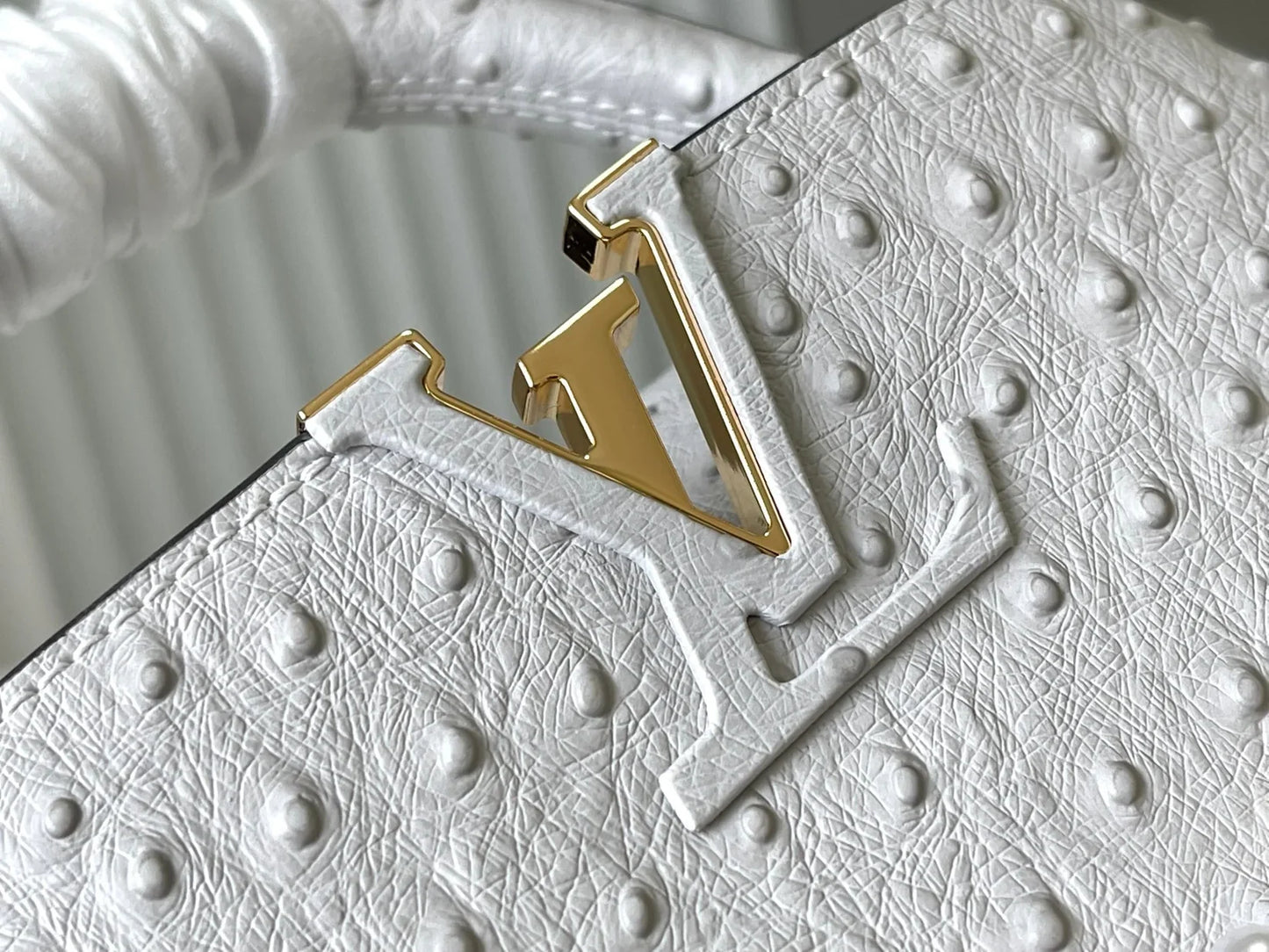 Grey Taurillon Leather Handbag with Ostrich & Pearl Accents