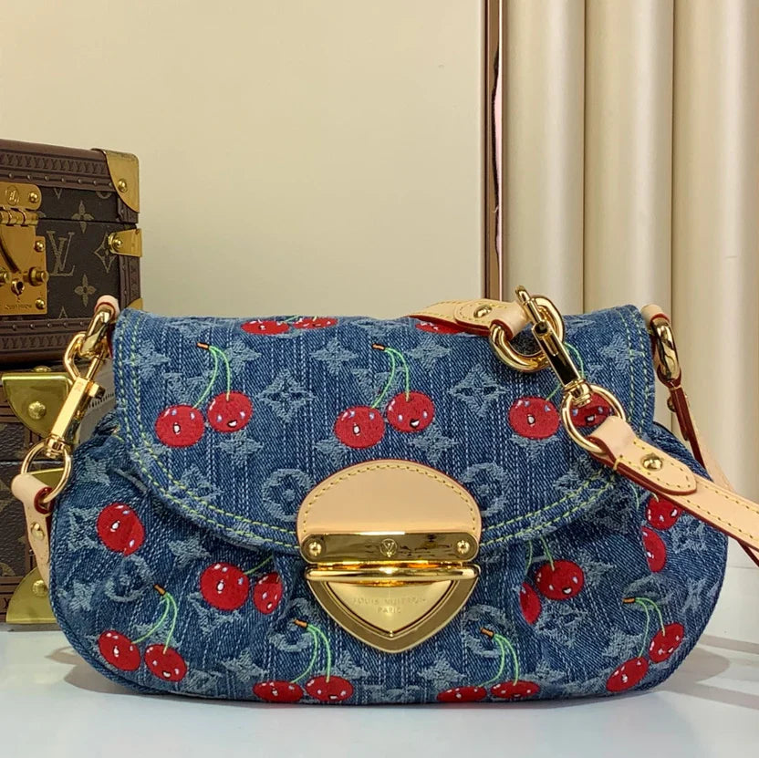 Embroidered Denim Shoulder Bag with Cherry Motifs
