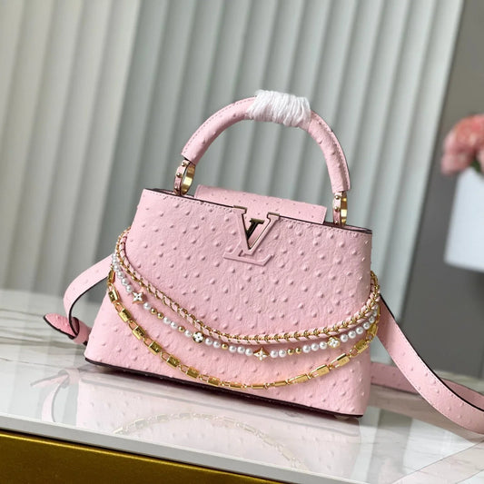 Pink Taurillon Leather Handbag with Ostrich & Pearl Accents