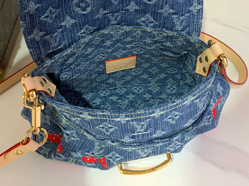 Embroidered Denim Shoulder Bag with Cherry Motifs