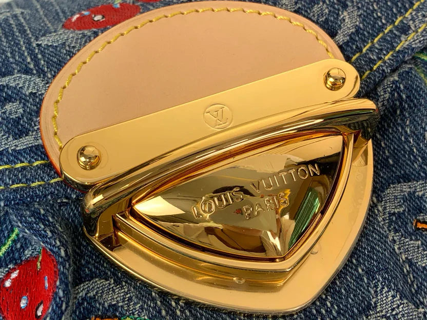 Embroidered Denim Shoulder Bag with Cherry Motifs