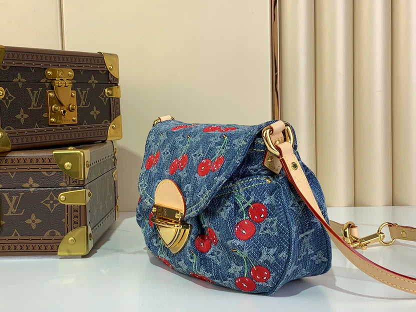Embroidered Denim Shoulder Bag with Cherry Motifs