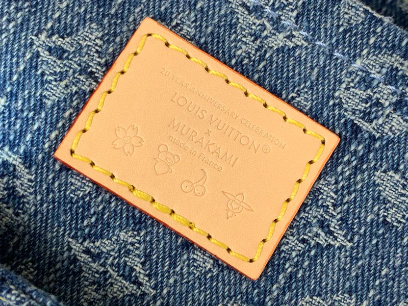 Embroidered Denim Shoulder Bag with Cherry Motifs