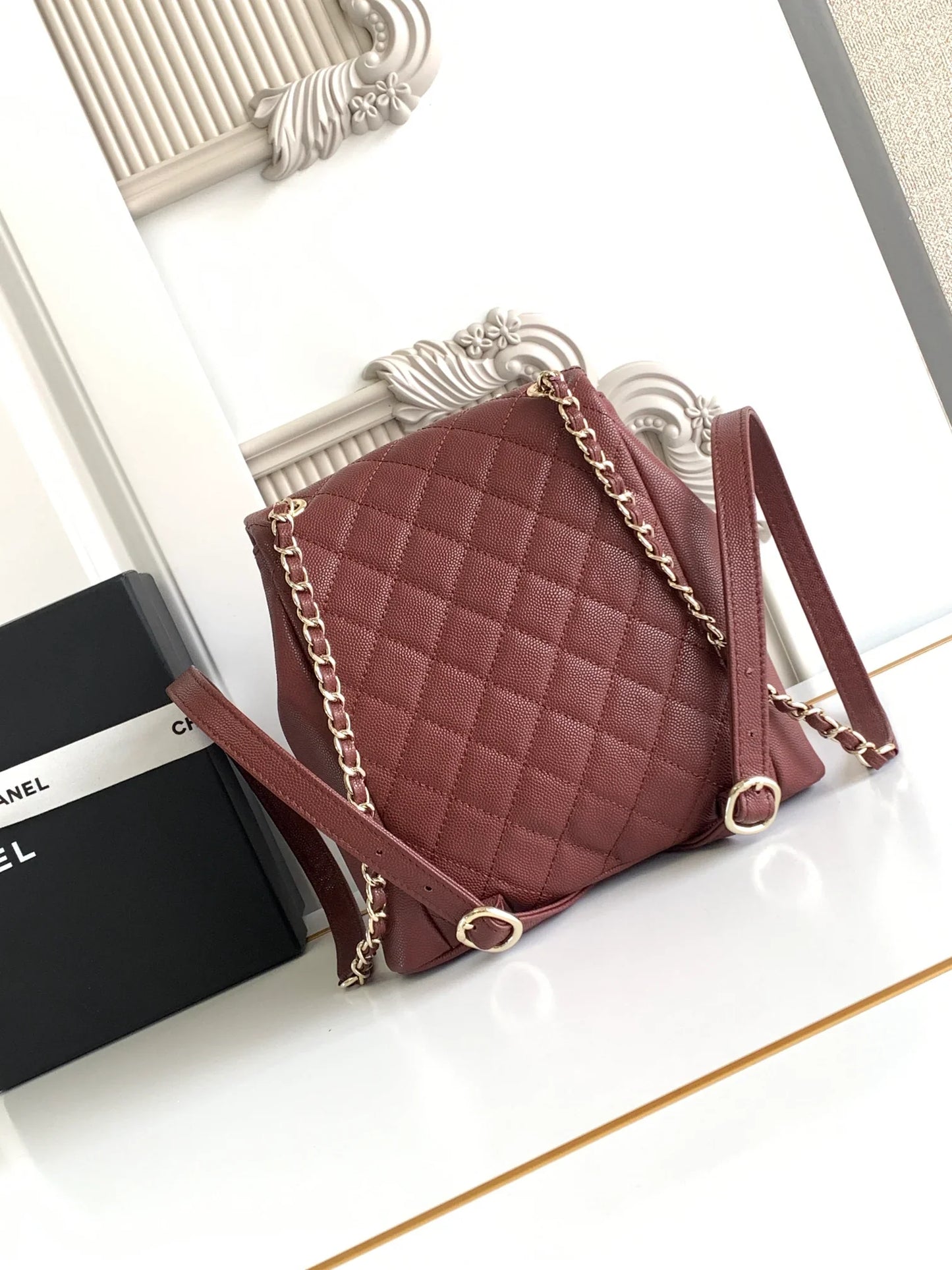 Compact Grained Leather Backpack (21cm) – Champagne Gold Hardware