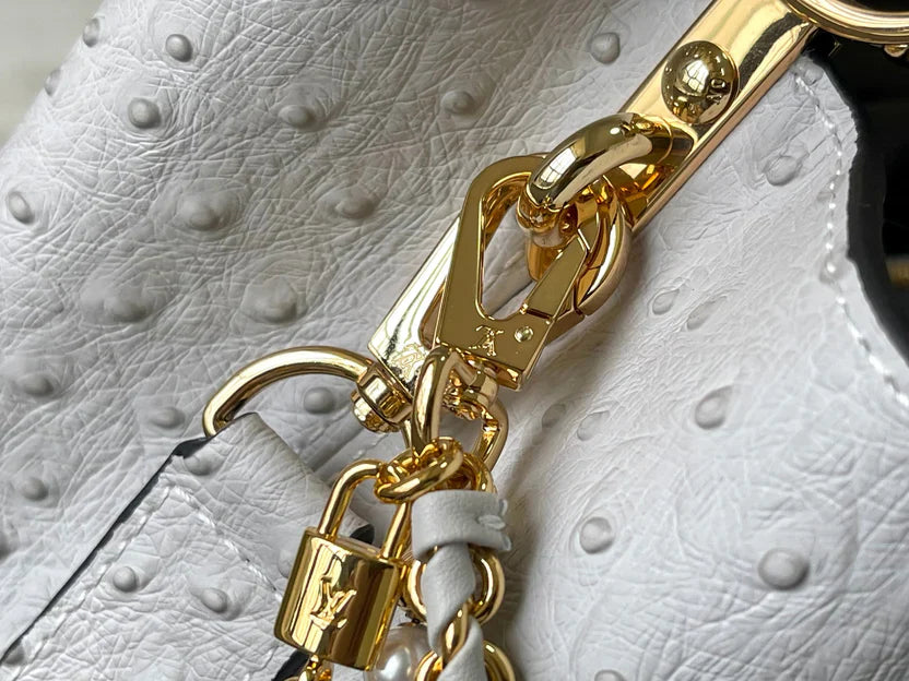 Grey Taurillon Leather Handbag with Ostrich & Pearl Accents