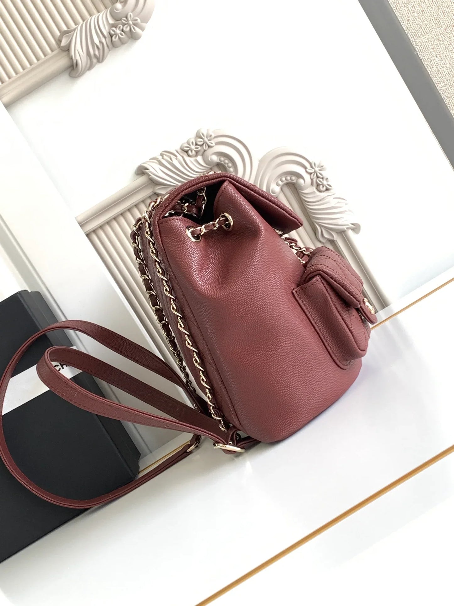 Compact Grained Leather Backpack (21cm) – Champagne Gold Hardware