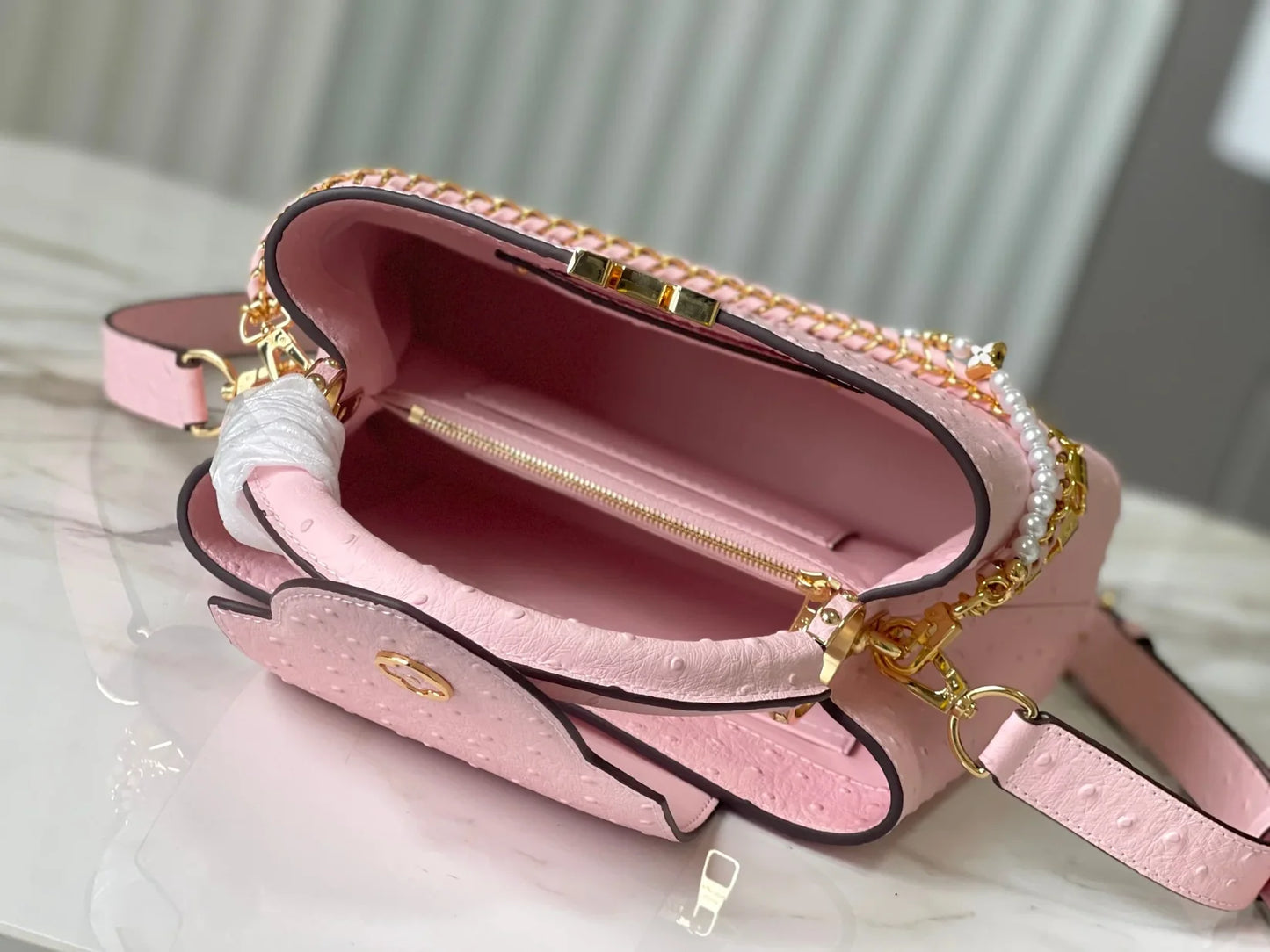 Pink Taurillon Leather Handbag with Ostrich & Pearl Accents