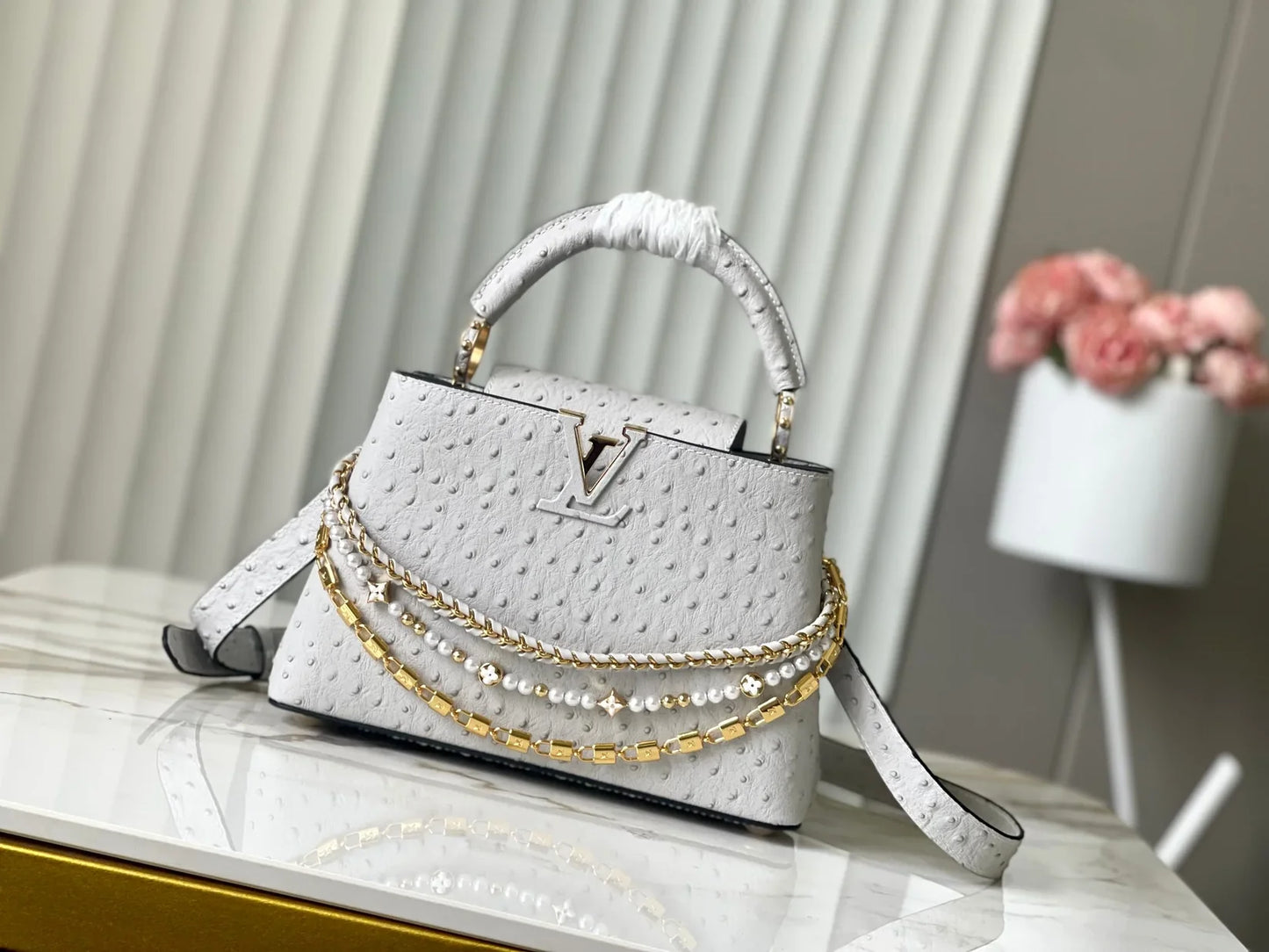 Grey Taurillon Leather Handbag with Ostrich & Pearl Accents