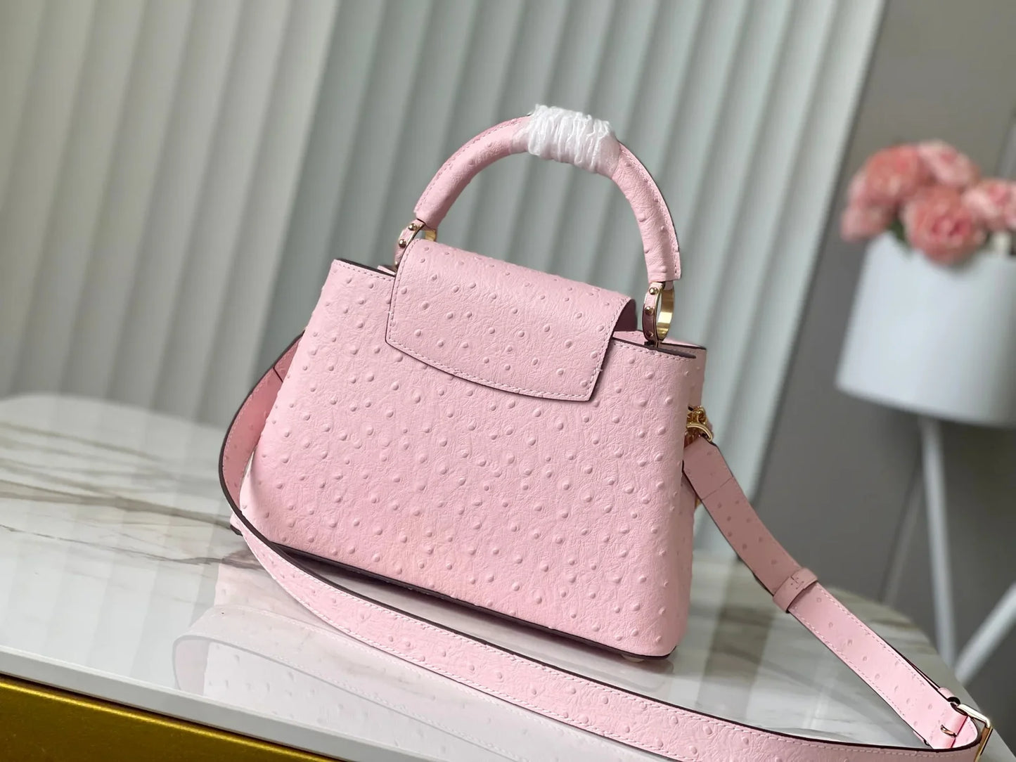 Pink Taurillon Leather Handbag with Ostrich & Pearl Accents