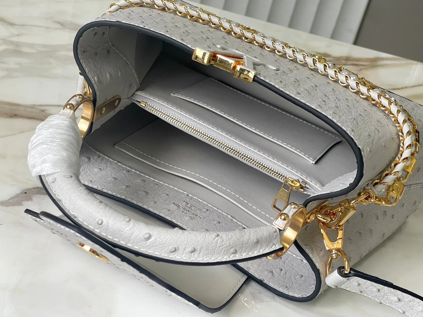 Grey Taurillon Leather Handbag with Ostrich & Pearl Accents
