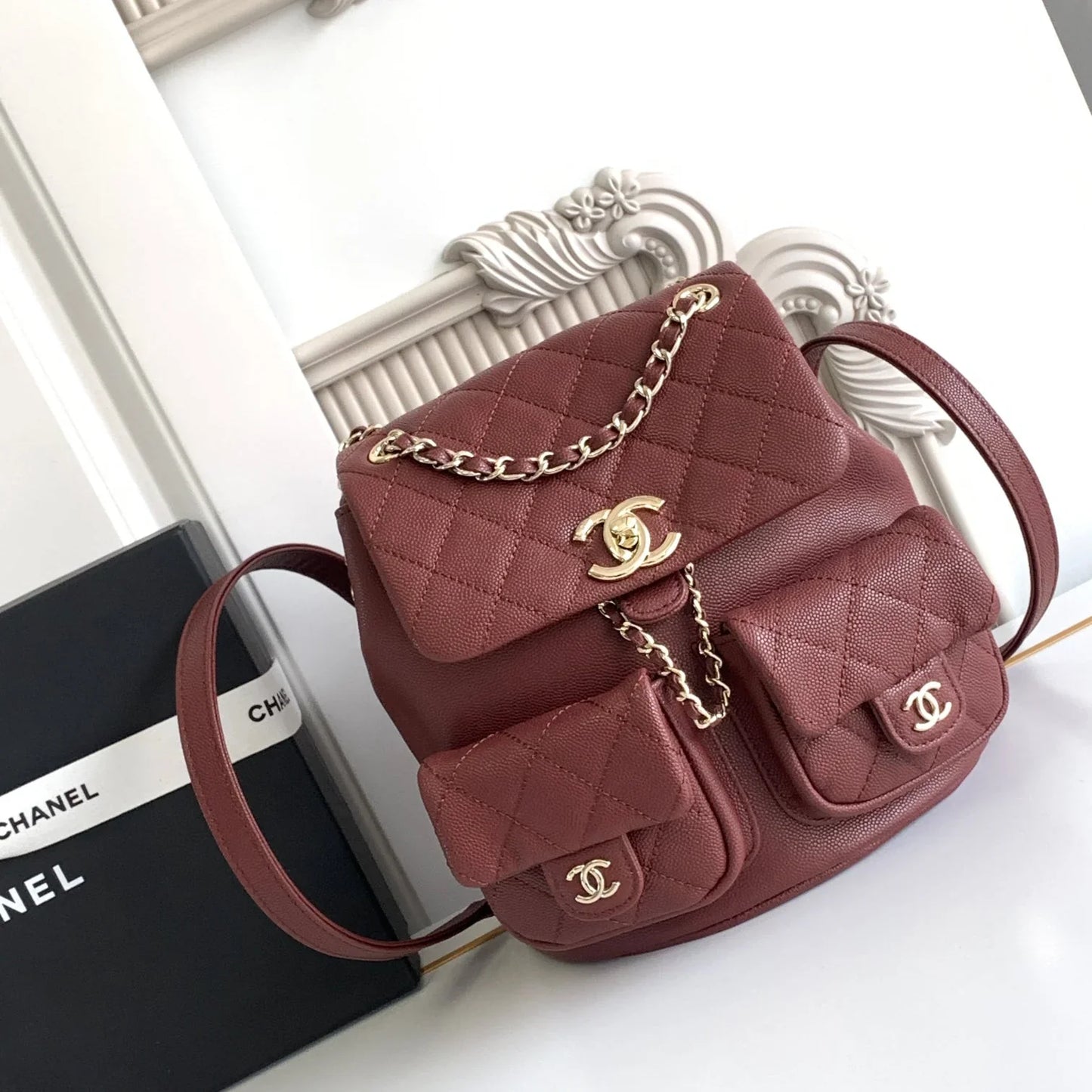 Compact Grained Leather Backpack (21cm) – Champagne Gold Hardware