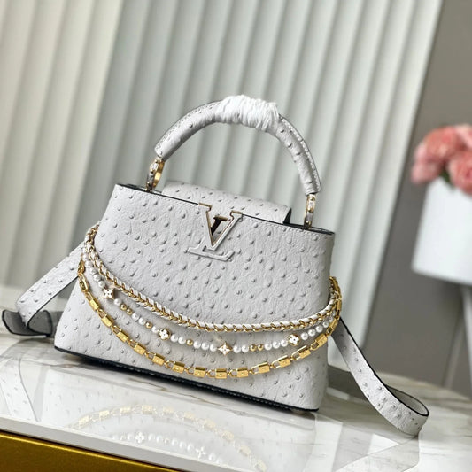 Grey Taurillon Leather Handbag with Ostrich & Pearl Accents